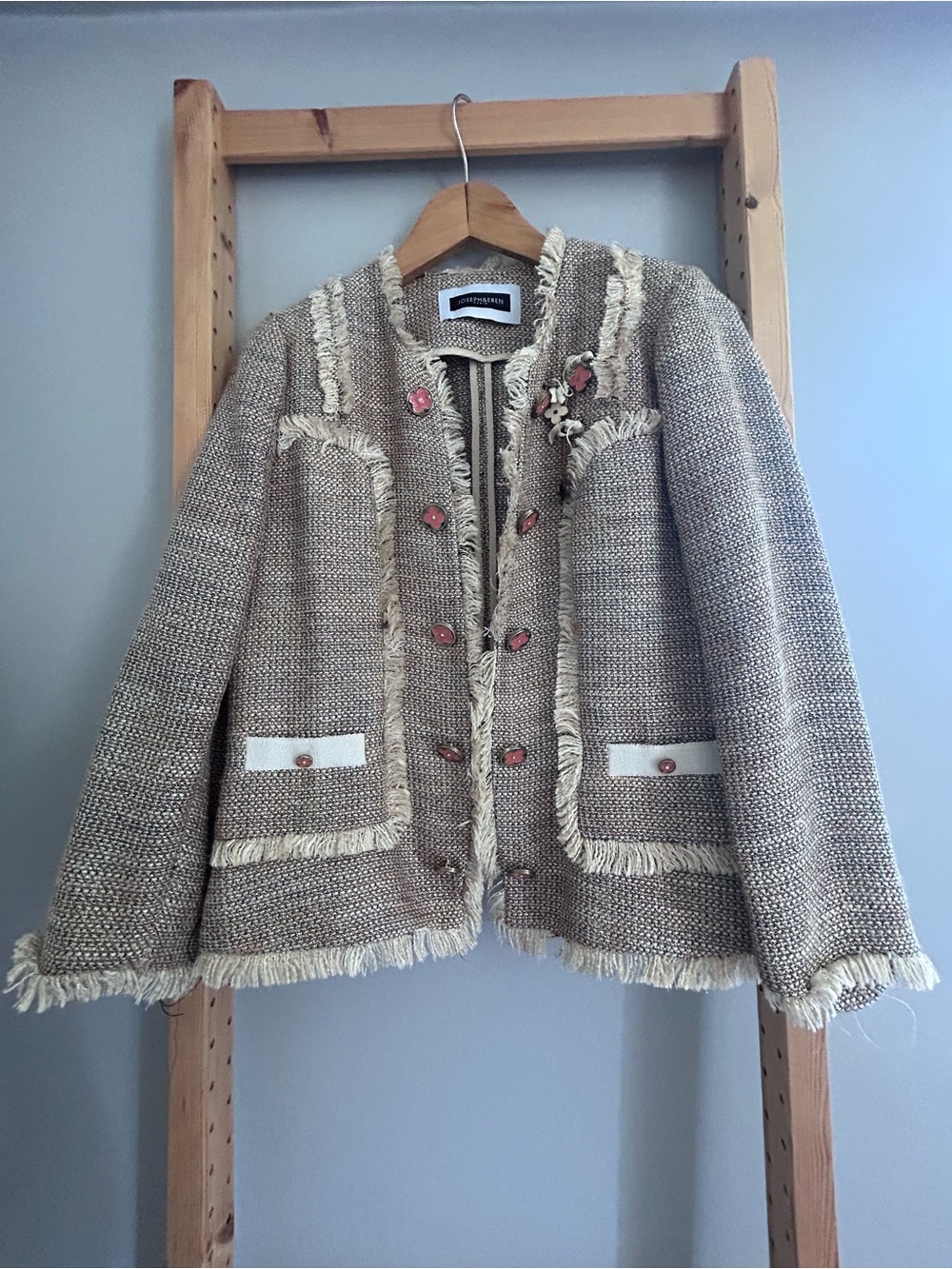 Fringed Tweed Blazer Jacket - Beige